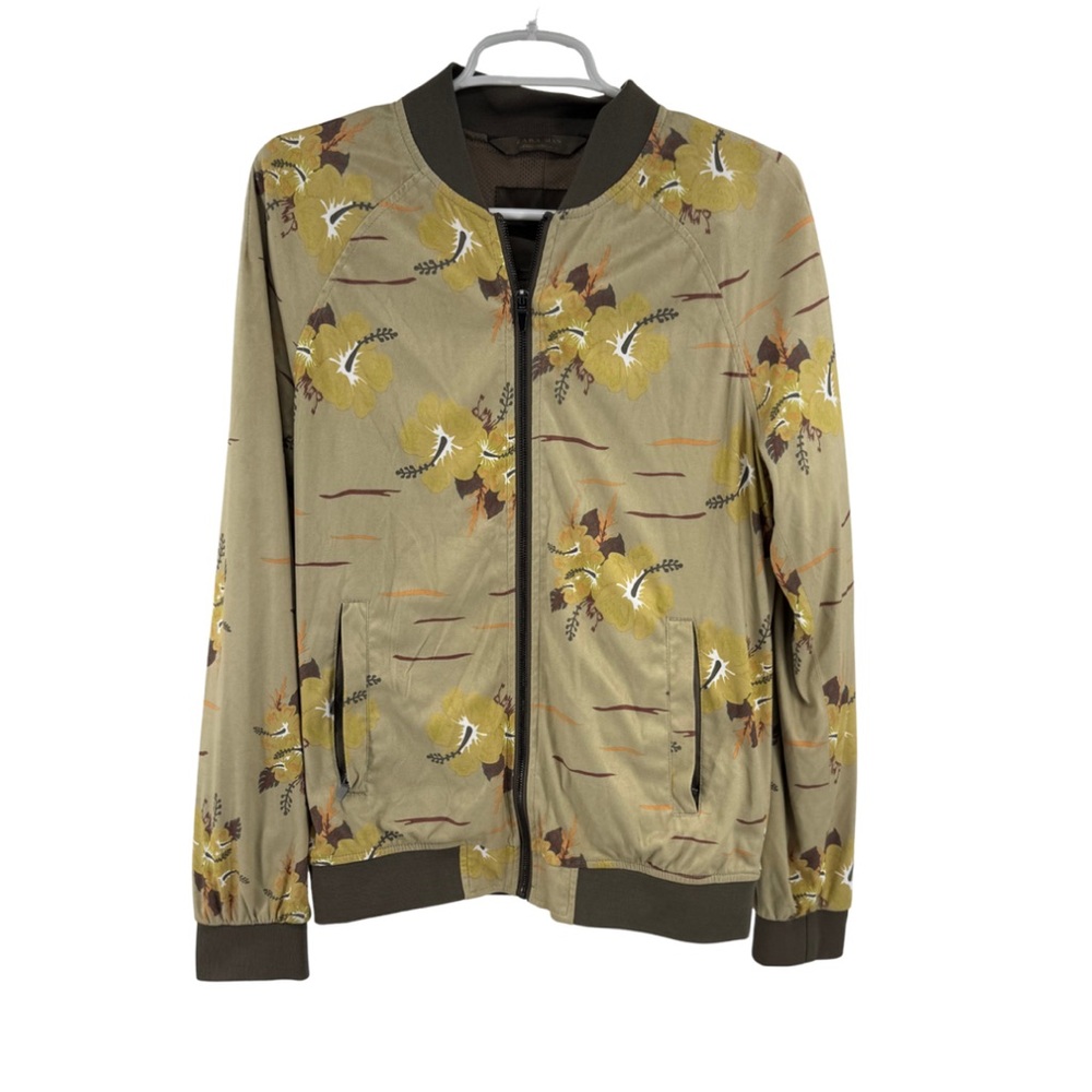 Zara Man Bomber Jacket M olive floral faux suede casual neutral fall tropical